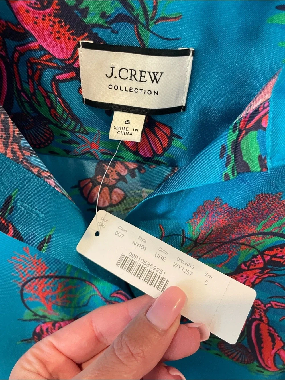 NWT J. Crew collectors Teal Button-Up Blouse with Lobster Print 6